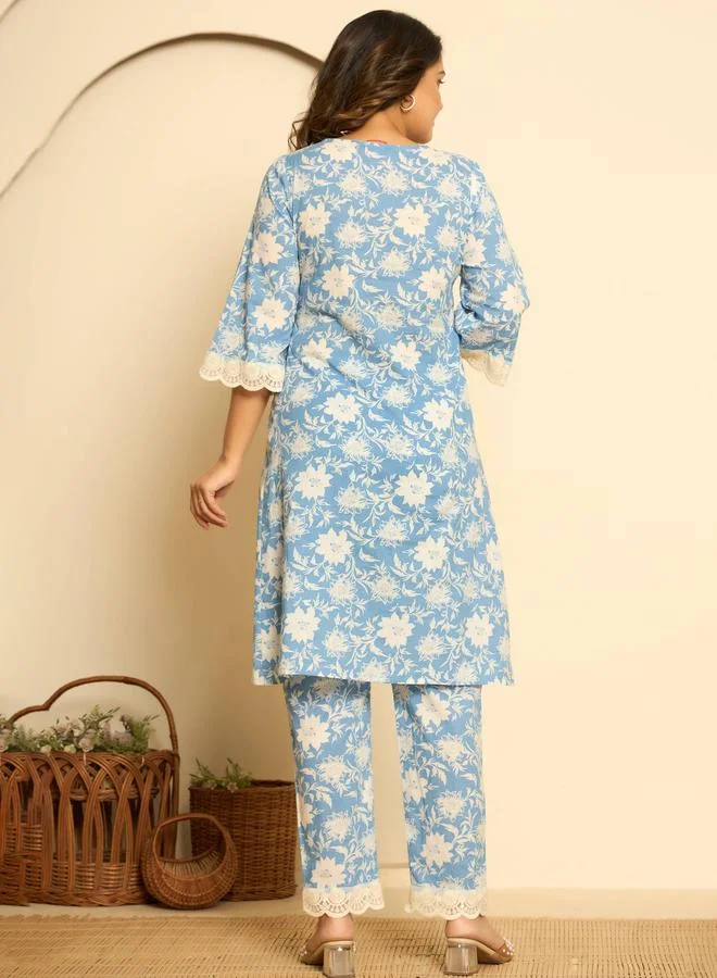 KASYA Blue Cotton Printed Co-Ord Set